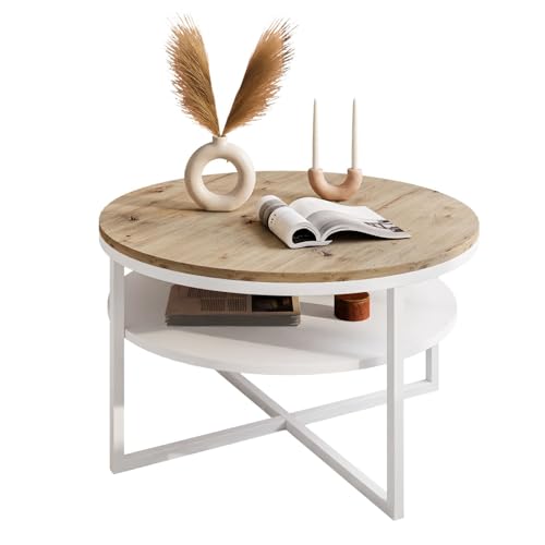 lukmebel Couchtisch rund - CIRI-X runder - Beistelltisch rund - Kaffetisch - Industrial Deko - Deko Wohnzimmer - Kleiner Beistelltisch - Sofatisch - Kleiner Tisch - Weiß/Artisan Eiche
