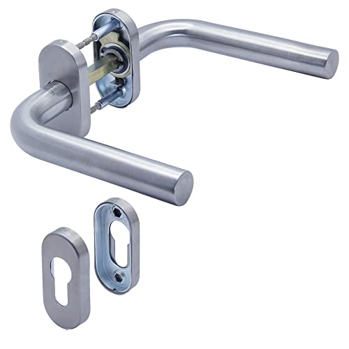 APECS Türgriffe Oval Rosette edelstahl für Gartentoren, Haustür und Profiltüren Drückergarnitur Profilzylinder L-Modell H-0901+PZ
