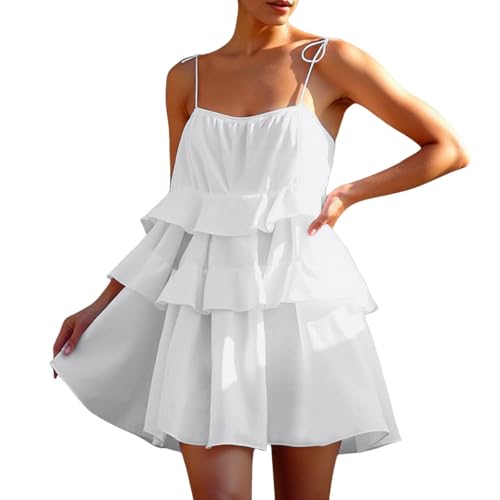 Generisch Vestido largo monocolor, falda de volantes, vestido corto sin espalda camisola vestido de novia vestido de mujer con mangas, Blanco, L