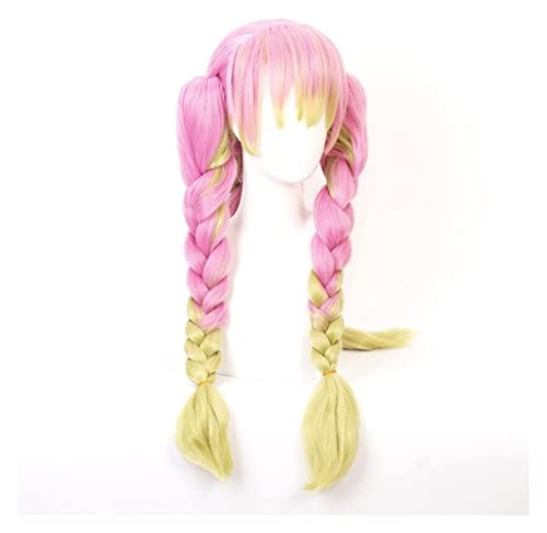 ZUKKY Peruca de cosplay de anime, peruca de caçador de demônios, peruca trançada rosa verde desbotad