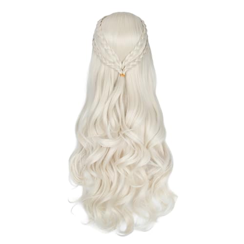 Miss U Hair Women Long Blonde Wavy Braided Wig White-blonde Curly Cosplay Wig for Halloween Party