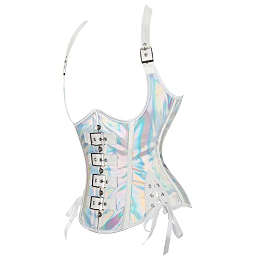 Victorian Corset Tops For Women Steampunk Faux Leather Waist Cincher Punk Rock Lace Up Back Underbust Bustier Silver #TOP4
