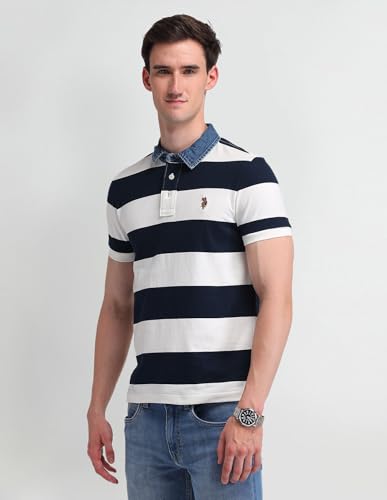 Image of U.S. Polo Assn. Denim Co. Men's Blue Striped Polo Collar Half Sleeve Casual Cotton Slim Fit T-Shirts