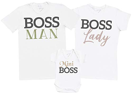 Create Your Set - Boss Family - Matching Family Baby Gift Set - Mum & Dad T Shirt & Baby Bodysuit - 0M - 24M, S-5XL - White