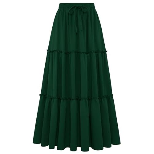Arolina Women's Summer Maxi Skirt Trendy High Waist Pleated Ruffle Long Skirts Flowy Beach Boho Skirt Dress with Pockets Dark Green Small