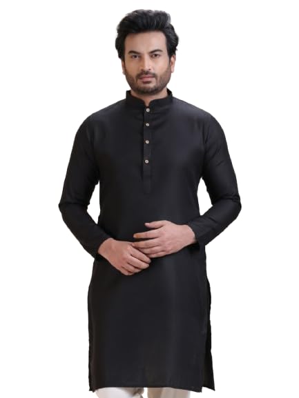 ekyaa Men's Black Solid Cotton Straight Kurta | Mandarin Collar Ethnic Kurta for Men | Full Sleeve Regular Fit for Festive, Casual, Party & Wedding Occasions-picture-24