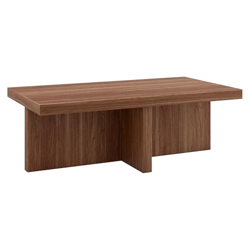 Henn&Hart 44" Rectangular Wood Pedestal Low-Profile Coffee Table for Living Room, Family Room, or Office, Medium Walnut