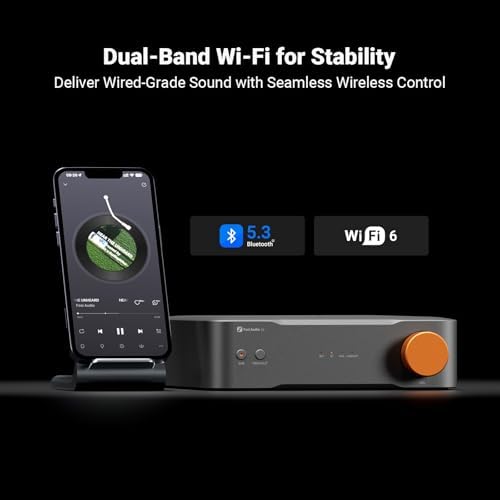 Fosi Audio S3 with smartphone showing Wi-Fi and Bluetooth connectivity