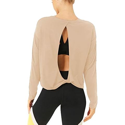 Bestisun Long Sleeve Yoga Shirts Open Back Workout Tops Women Backless Top Exercise Clothes for Women Loose Fit Khaki S Cover