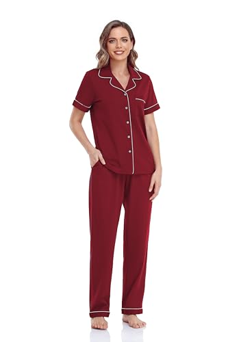 Image of COLORFULLEAF Women's 100% Cotton Pajamas Set Button Down Sleepwear Short Sleeve Shirt and Long Pants Soft Ladies Lounge Sets