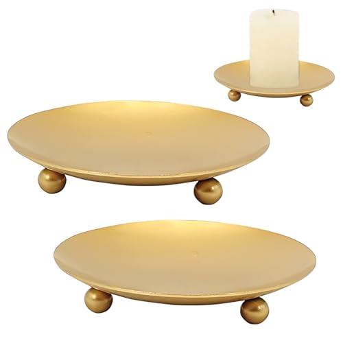 YUVKIN Juego de 2 Velas de Pilar con candelabros de Metal – Ideales para decoración de mesas, Bodas, Ceremonias religiosas, Fiestas en casa y Adornos (Oro)