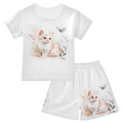 Cat Butterfly Florals Beige Pajama Set Short Sleeve PJ Set Cotton Summer Pajamas Sleepwear Soft 5Y