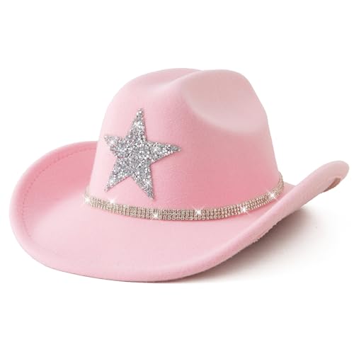 Jastore Kids Girls Boys Western Cowboy Hat Felt Cowboy Themed Party Hats with Glitter Silver Star