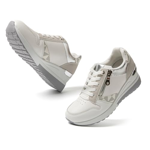 JOMIX Sportschuhe Damen Atmungsaktiv Wedge Keilabsatz Sneaker Elegant Bequeme Dämpfung Outdoor Laufschuhe Kunstleder Schnürhalbschuhe (MD9796-2, Weiß, 38 EU)