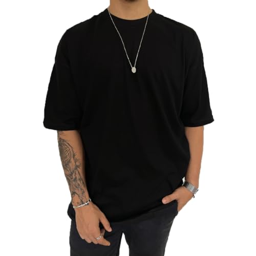 Camiseta Oversized Masculina Lisa Basic Streetwear Gola Justa (BR, Alfa, M, Regular, Preta)
