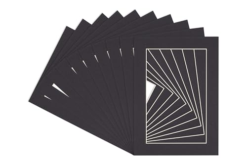 Pack of Ten Acid Free 12x16 Mats Bevel Cut for 9.5x13 Photos - Black Precut Matboards with Backing Boards and Self Seal Photo Mat Bags for Pictures, Photos, Framing - 4-ply Thickness