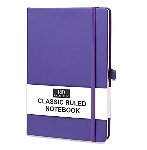 RICCO BELLO Classic College Ruled Hardcover Journal Notebook, Faux Vegan Leather, Elastic Band Closure, Pen Holder, Inner Pocket, 5.7 x 8.4 inches (Purple)