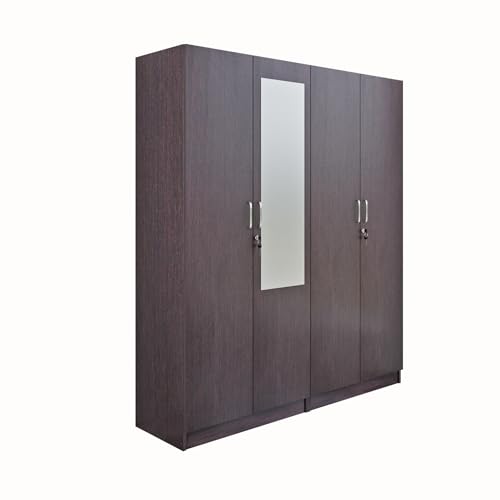 Image of VIKI Wardrobe | Wooden Almirah for 4 Door Fully Shelves Mirror Wardrobe (Dark Wenge - 40D x 160W x 180.8H) | 1 Year Warranty | Free Assembly