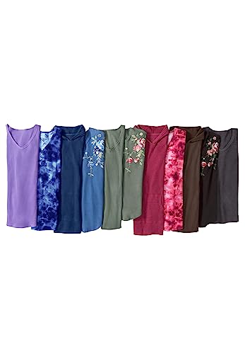 Woman Within Women's Plus Size Washed Thermal Waffle V-Neck Tee Shirt - 22/24, Black Flower Embroidery Multicolored #TOP20