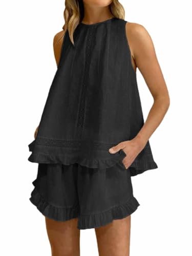 Image of Women's Summer Ruffle Short Sets Cotton Sleeveless Pajama Set | 2 Piece Outfits for Women, Lightweight Breathable Cotton, Relaxed Fit, for Bridesmaid, Party, Vacation and Daily Wear