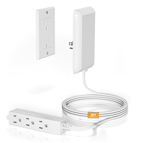 Image of Flat Plug Extension Cord - 3 Outlets Power Strip with Detachable Ultra-Thin Outlet Cover, 3FT Cord, 13A 125V 1625W, ETL Listed, White - Ideal for Home, Office, Living Room, Bedroom