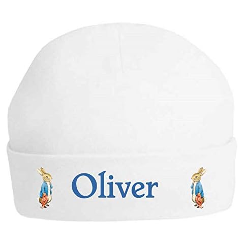 Oh Sew Simple Boys Peter Rabbit & Blanket Personalised 100% Double Layered Cotton Baby Hat - Printed with Name (0-3 Months) White Cover