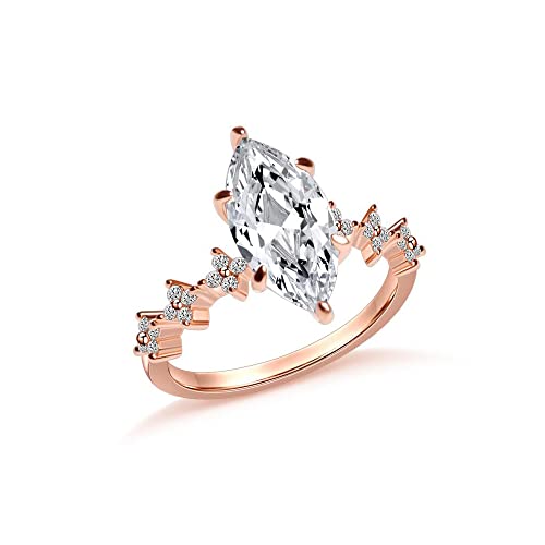Rose Gold Plated Marquise Cut Clear Cubic Zirconia Engagement Band Ring for Women, Simulation Diamond Halo Wedding Ring (US Size 9)2