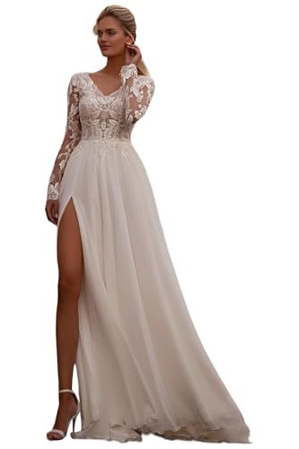 HUINI Chiffon Hochzeitskleider für die Braut mit Spitzenapplikationen Langarm Einfaches Boho Strand Brautkleid mit Schleppe Weiß 36