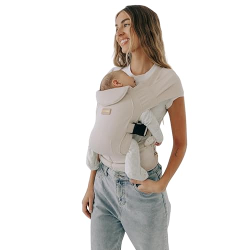 Image of Tushbaby Pearl Wrap Baby Carrier for Newborns 8–20 lbs, Hands-Free Ergonomic Infant Carrier with Storage, Bottle & Wipe Holder, Adjustable Soft Fabric, Cream