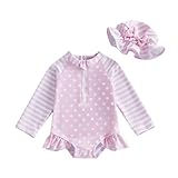 Baby Girl Rash Guard Swimsuit Cute Fashionable Long Sleeve Striped Dot Jumpsuit with Hat 2Pcs Swimwear (Pink, 18-24 Months)