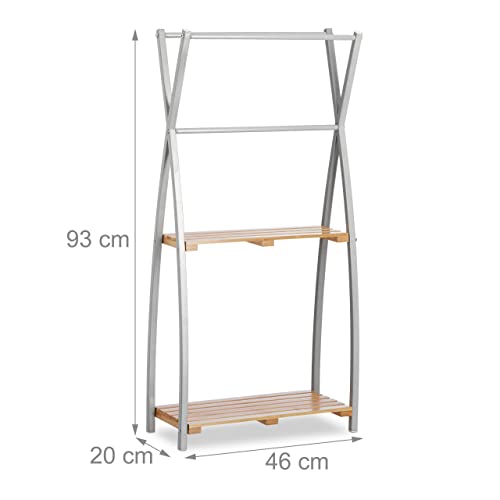 Relaxdays Toallero de Pie con 2 Baldas, Plata-Marrón, Bambú-Acero, 93 x 46 x 20 cm - imagen 4