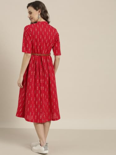 Image of Rama's Women's Printed Cotton One Piece Dress | V-Neck | 3 /4 Sleeves | Empire Waist | Knee Length Casual Dress for Women
