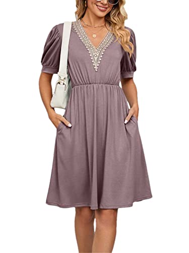 Robe d'été courte col en V pour femme Adhdyuud manches courtes en dentelle
