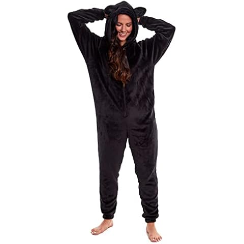 Habigail Womens Onesie Fleece Twosie Women Pyjamas Adult Unisex Playsuit Jumpsuit Woman Warm Sleepwear (Black Cat, M) Cover