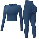 MAYROUND Women Gym Set 2 Piece Outfits Workout Set Long Sleeve Gym Tops Scrunch Bums Leggings Yoga Activewear Tracksuit Set