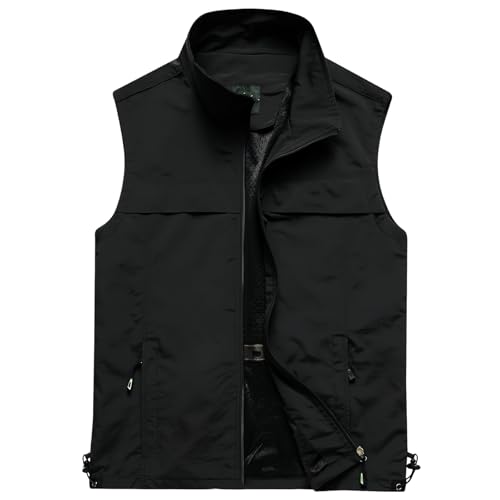 Chaleco de pesca para hombre, con múltiples bolsillos, ligero, con cremallera, sin mangas, para safari, golf, senderismo, Negro, XXL