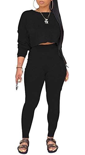 Two Piece Outfits for Women - Sweater Tracksuit Long Sleeve Sweatshirt and Sweatpants Set Sports Romper Black