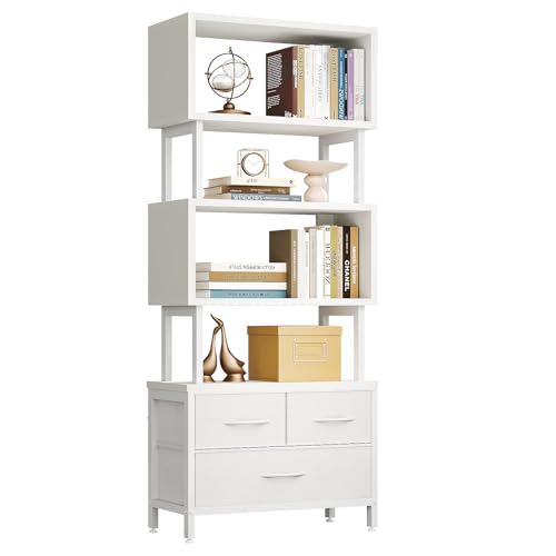 Casaottima 7 Tier Bookshelf, Tall Geometric Bookcase with Fabric Drawers, Modern Display Book Shelves Book Case for Living Room Bedroom, Wood Decorative Standing Shelving Unit for Home Office, White