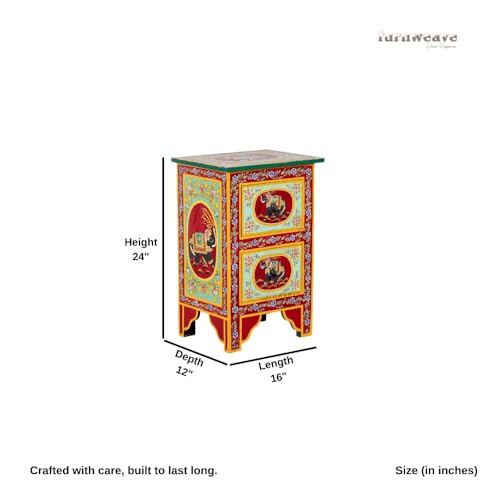 Image of Wooden Bedside Table for Bedroom with Drawer | Solid Wood Handcrafted Bed Side Table with 2 Drawers | Side Table for Living Room | Decorative Chest of Drawer for Home Decor (Multicolour-BS3)