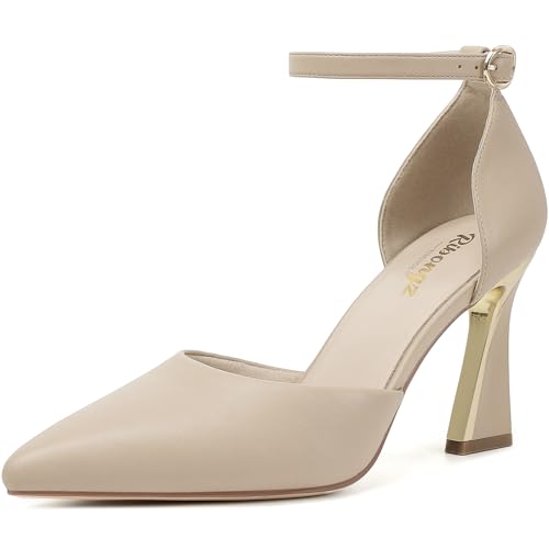 Image of RIBONGZ Comfortable Kitten Heels for Women Pointed Closed Toe Ankle Strap Buckle Heels Slip on Low Heel Church Pumps Wedding Bridal Party Dressy Shoes
