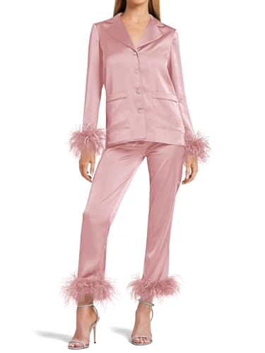 Saodimallsu Womens Silk Satin Pajama Set Feather Trim Bridesmaid Long Sleeve Pocketed Lounge Sets Sleepwear (Removable Feather) Pink