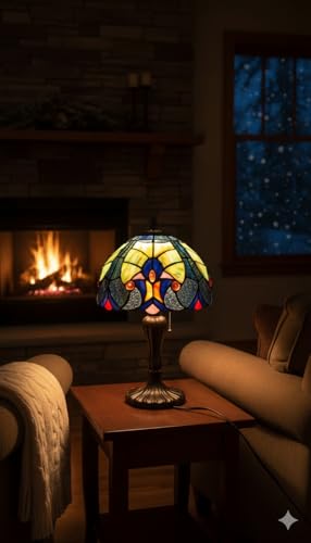 Image of Stained Glass Table Lamp, Blue Green with Antique Bronze Base, Decorative Bedside & Living Room Lamp (Free Bulb) (Design - 5) Free Bulb- 3 Color Options- Warm White, Cool White and Natural