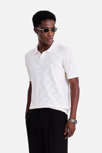 Image of SNITCH Men Knitted Polo T-Shirt | Geometric Pointelle Textured Knit & V-Placket Polo Collar | 100% Cotton Breathable Summer Knit, Casual Resort Wear