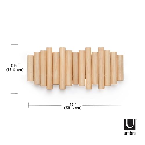 Umbra Picket Wall-Mounted Coat Rack Rail Hook with 5 Retractable Wood Pegs – Modern, Space-Saving Storage Organizer, Natural (Pack of 3) - Image 6