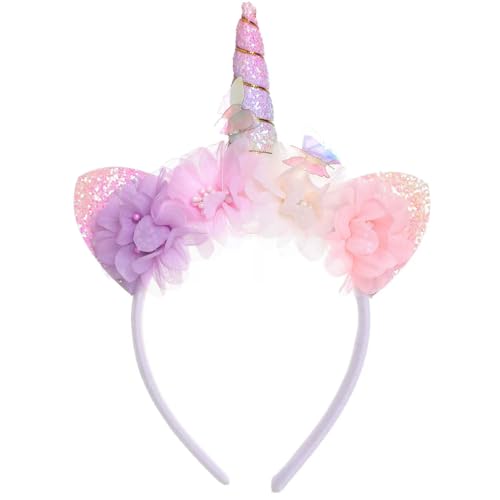 Roffiy Unicorn Horn Floral Headband Glitter Flower Butterfly Unicorn Ears Pony Hairband – Magical Blossom Hair Accessory for Women Cosplay & Birthday Party Halloween