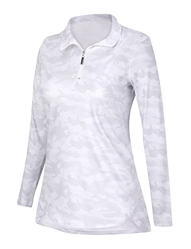 Koscacy V Neck Top Women, Golf Tennis Shirt Breathable Zipper Running Workout Outdoor Tops Yoga Biking Daily Casual Wear Aline Soft Shirts Camo White Large #TOP3