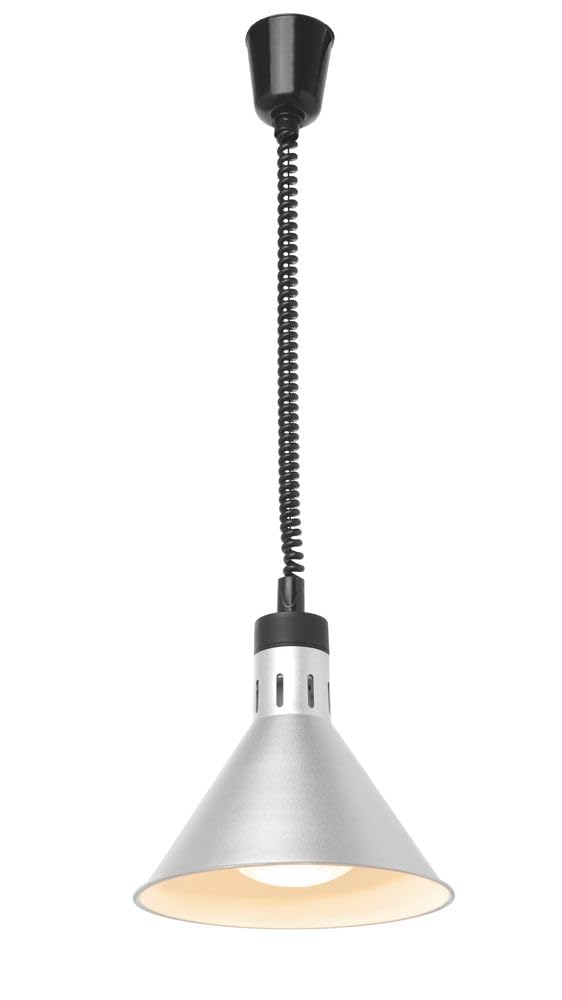 HENDI Lampe chauffante suspendue réglable en hauteur, conique, lampe thermique infrarouge pour cuisine et maintien des aliments au chaud, 230V, 250W, Ø275x(H)250mm, aluminium argenté