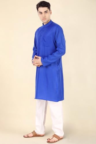 Image of Men's Cotton Solid Kurta Set Mandarin Collar Regular Fit Long Sleeves Ethnic Dress