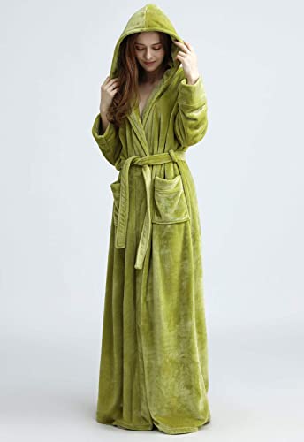 Flygo Womens Fuzzy Plush Long Hooded Robe Full Length Flannel Fleece Bathrobe Warm Housecoat (X-Large, Green) #TOP1
