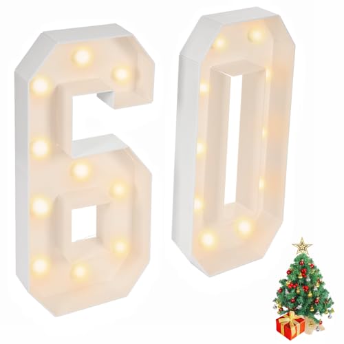 Garbenat Lámpara LED con números "60", luz 3D, decoración de cumpleaños, con 20 bombillas LED, fácil montaje, 100 m, decoración de números grandes para cumpleaños, aniversario, fiesta 60